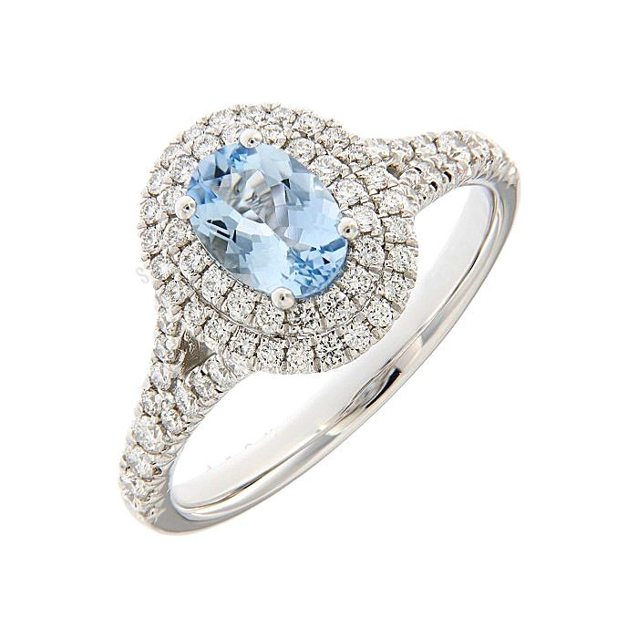  Aquamarine Double Halo Diamond Ring